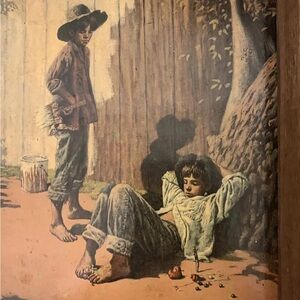 Vintage Tramp Art Print of Two Boys by Jim Daly. Art‎ wood frame. Shadow box